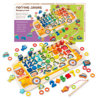 Дошка логічна 38512 (22) "WToys", "Автобус", дерев`яна, сортер, магнітна риболовля, цифри, знаки, фігури, транспорт, кілочки, кільця, в коробці