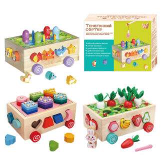 Каталка логічна 22995 (24) "WToys", дерев`яна, 3 в 1, сортер, 1 тематична гра, каталка на коліщатах, в коробці