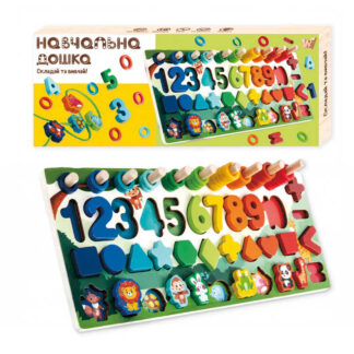 Дошка логічна 61981 (16) "WToys", дерев`яна, гра-шнурівка, цифри та фігури, сортер, кілочки, в коробці