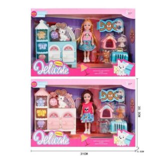 Кукла с мебелью 9910 (96/2), высота куклы 14см, подвижные конечности, 3 любимца, дверцы шкафа открываются, будка, переноска,