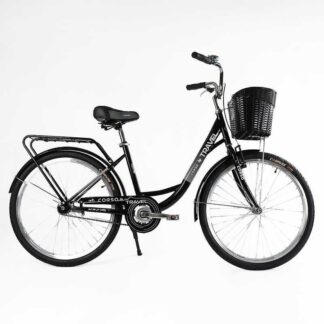 Велосипед міський Corso «TRAVEL» 26`` TL-26207 + КОШИК (1) колір ЧОРНИЙ, одношвидкісний, сталева рама 16.5``, корзина, багажник
