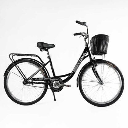 Велосипед міський Corso «TRAVEL» 26`` TL-26207 + КОШИК (1) колір ЧОРНИЙ, одношвидкісний, сталева рама 16.5``, корзина, багажник