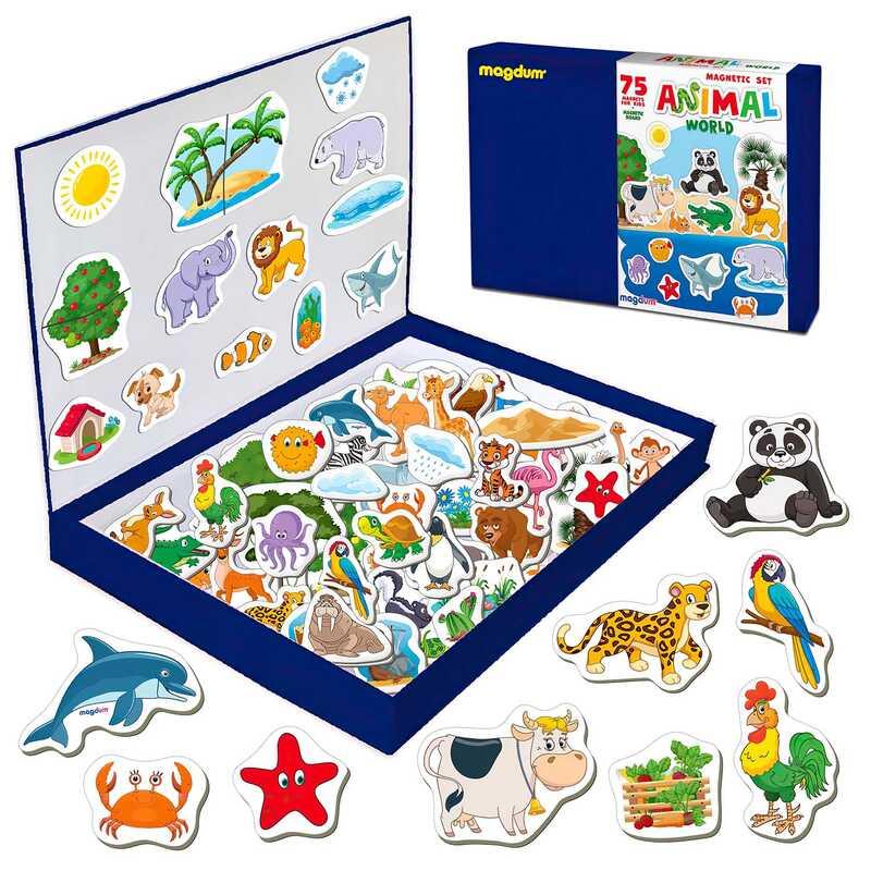 Гр Набор магнитов "Мир животных" ML4032-05 EN (10) "Magdum", 75 магнитов, магнитная доска,