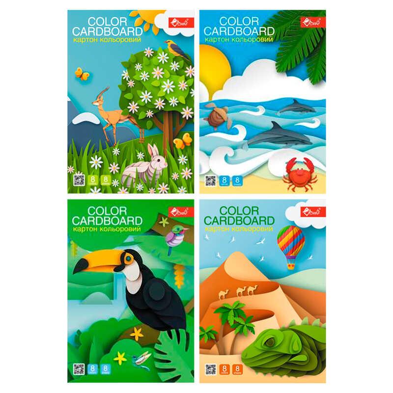 Гр Картон кольоровий УП-21 односторонній, хром-ерзац, 8 кольорів, А4 , обкладинка-слайдер, крейдо...