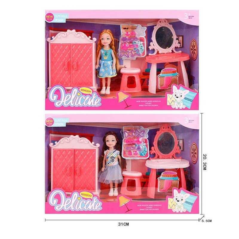 Лялька L 5-35 2 види, трюмо з дзеркалом, шкаф, стільчик, заколки, висота ляльки 14см, знімний одя...