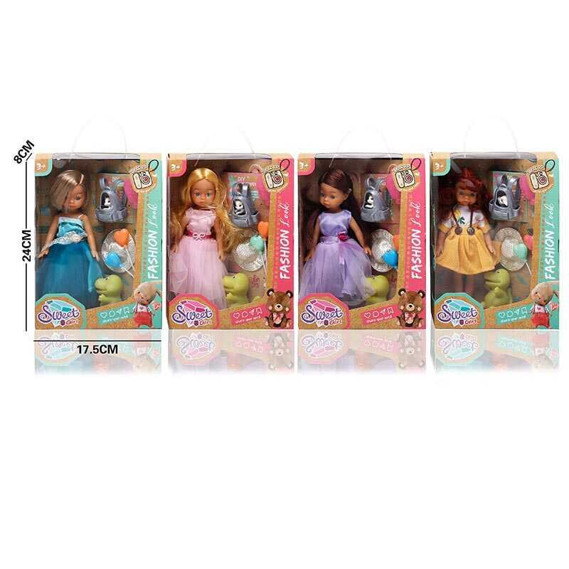 Лялька LK 2504 4 види, 20 см, гумова, імітація скляних очей, взуття, аксесуари, улюбленці, в коро...
