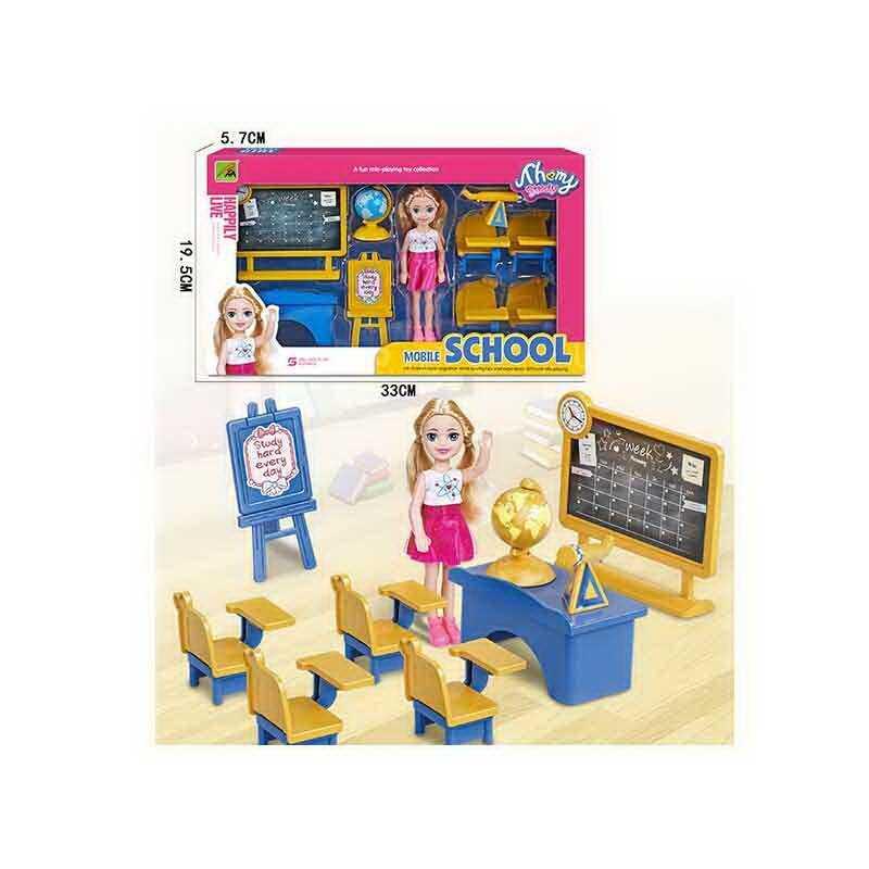 Лялька 9045-6 "Школа", 9 елементів, висота ляльки 14см, глобус, 2 дошки, 4 парти, вчительський ст...
