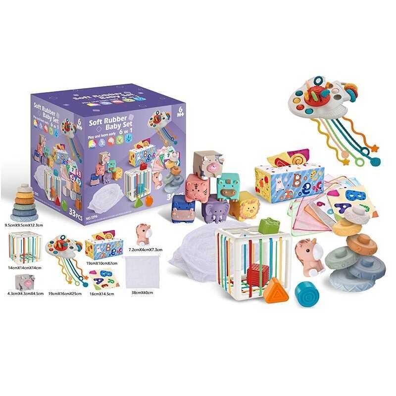 Набір для розвитку 1296 34 елементи, кубики, брязкальця, прорізувачі, фігурка, пірамідка, серветк...