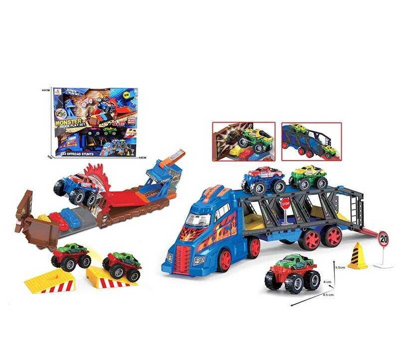 Трейлер DS 074 5 металопластикових машинок, трамплін, дорожні знаки, в коробці