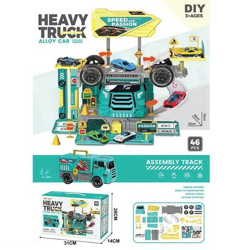 Трек 6665 46 елементів, складається у вантажівку, металопластикова машинка, механічний ліфт, налі...