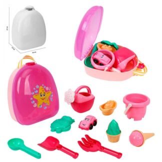 Гр Набір для гри з піском 0310 (3) "Technok Toys", рюкзак, відерце, лопатка, граблі, формочки для піску, у сітці
