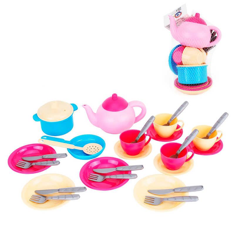 Ор Набор посуды "Маринка 11" 1653 (21) "Technok Toys", чашки, блюдца, ложки, тарелки, кастрюля, чайник, столовые приборы, в сетке