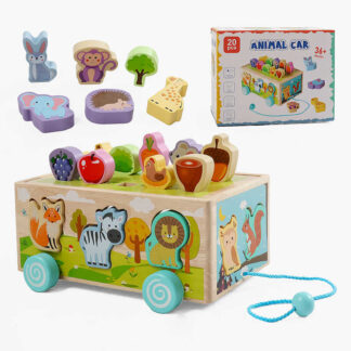 Ігровий центр F 43634 дерев’яний, каталка, сортер за формами, тваринки, фігурки, в коробці