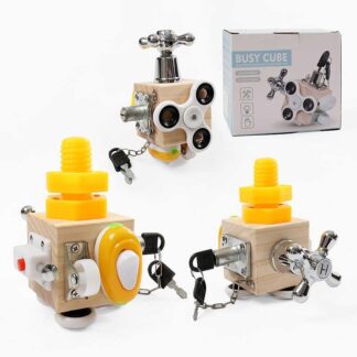 Бізіборд дерев’яний C 64876 куб, 7 міні-ігор, вмикач, замок, кран, спінер, колесо, в коробці