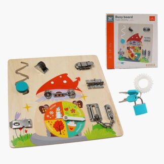 Бізіборд дерев’яний C 66128 коліщатко, годинник, пальчиковий лабіринт, замочки, ключі, в коробці