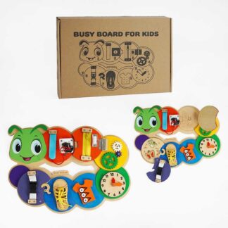 Бізіборд дерев`яний C 64007 “Гусінь”, ключі, застібки, змійка, шестерні, годинник, шнурівка, в ко...
