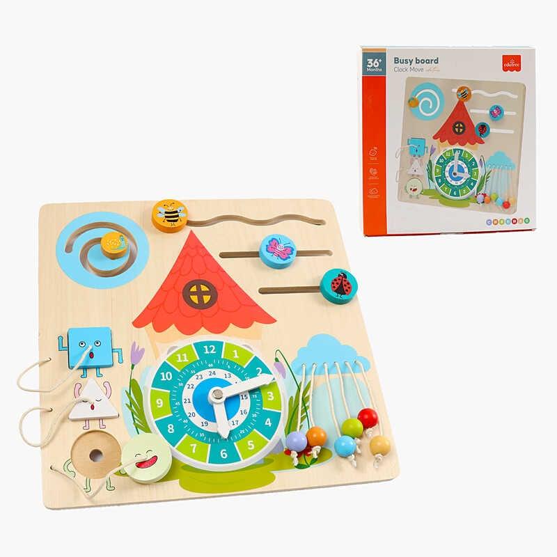Бізіборд дерев`яний C 66129 годинник, пальчикові ігри, геометричний сортер, кольорові кульки, в к...