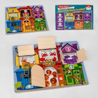 Бізіборд дерев`яний С 49417 “Квартирки з тваринами”, 6 видів замочків, що відкриваються віконця,...