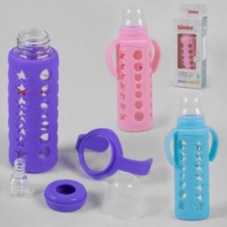 Гр Бутылка стеклянная 15798 с силиконовой соской, "BIMBO", 240 мл, 3 цвета, 1шт в коробке