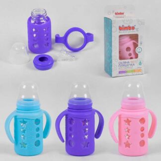 Гр Бутылка стеклянная 75130 с силиконовой соской, "BIMBO", 120 мл, 3 цвета, 1шт в коробке