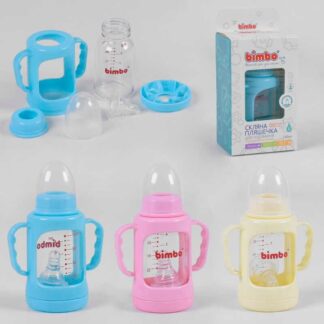 Гр Бутылочка стеклянная 99396 ЦВЕТ РОЗОВЫЙ с силиконовой соской, "BIMBO", 120 мл, 1шт в коробке