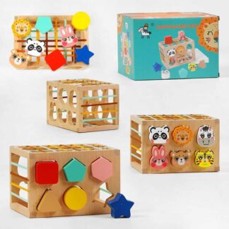 Дерев`яний геометричний сортер C 60392 сортер тваринки, еластичні стрічки, дерев’яний куб, в коробці