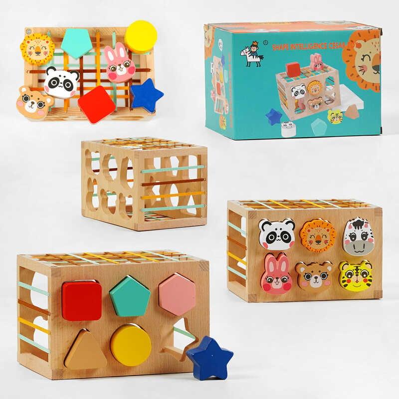 Дерев`яний геометричний сортер C 60392 сортер тваринки, еластичні стрічки, дерев’яний куб, в коробці