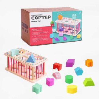 Дерев`яний геометричний сортер C 60434 "WToys", стінки з резинок, 12 дерев’яних фігурок, в коробці