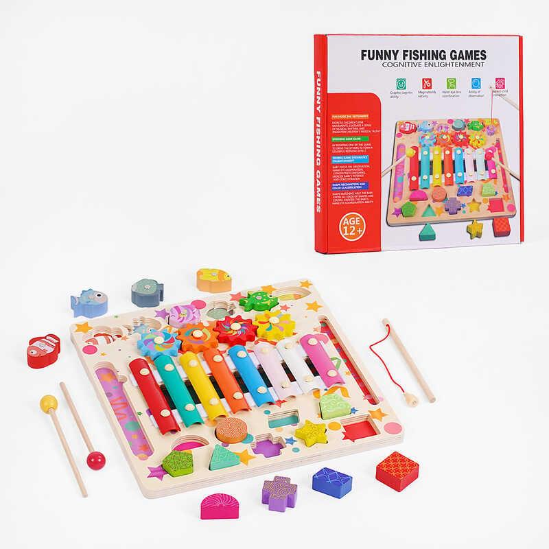Логічна дерев’яна дошка C 65046 ксилофон, пальчикові ігри, магнітна риболовля, сортер, в коробці