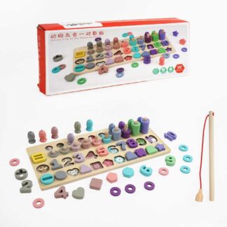 Логічна дерев’яна дошка C 65782 магнітна риболовля, кілочки з кільцями, сортер, цифри, геометричн...