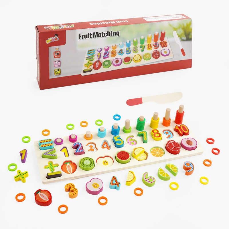 Логічна дерев’яна дошка C 65785 половинчаті фрукти, кілочки з кільцями, сортер, цифри, знаки дода...