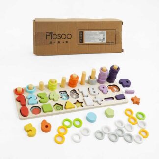 Логічна дерев’яна дошка С 68662 цифри, математичні символи, геометричні фігури, кільця, в коробці