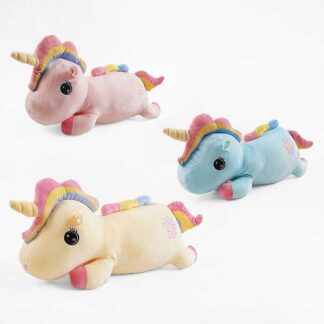 М`яка іграшка M 18287 3 види, "Єдиноріжка", лежача, довжина 54см, плед, ВИДАЄТЬСЯ МІКС ВИДІВ