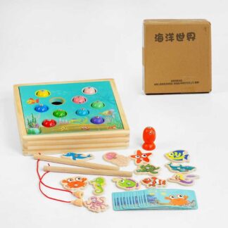 Магнітна риболовля C 57597 дерев`яна, 2 види риб, ігрові картки, у коробці