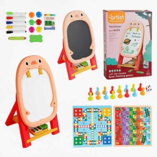 Мольберт 050-36 двосторонній, крейда, маркери, трафарет, 2 настільні гри, в коробці