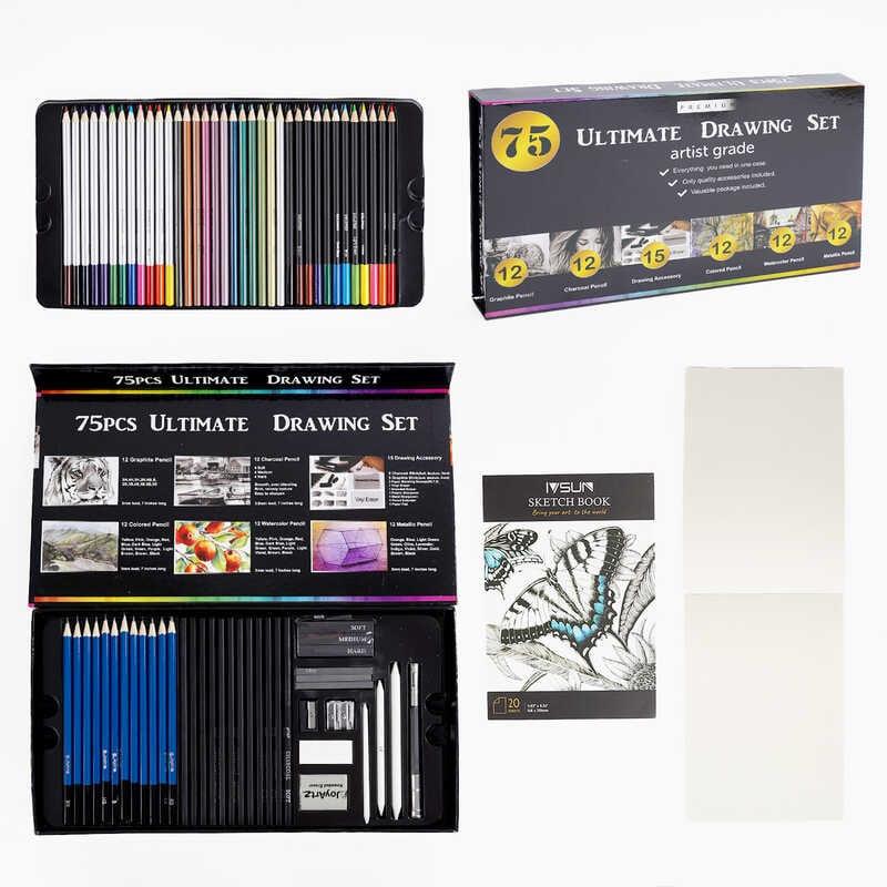 Набір для малювання C 66711 75 елементів, олівці, стирачки, стругачки, скетчбук, в коробці
