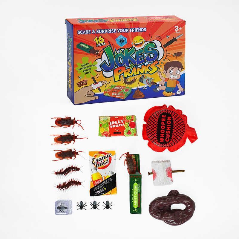 Набір приколів 388-2 16 елементів, муляжі, фігурки комах, фальшивий ніж, в коробці