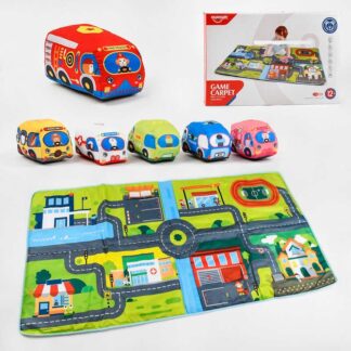 Набор тканевых машин с ковриком HE 0243 6 мягких машинок с пищалкой, гремящими, шелестящими элеме...