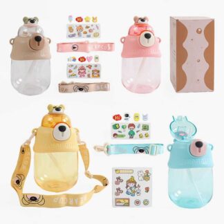 Пляшка для води C 69363 900 мл, пластикова, наліпки, трубочка, ремінець, пластикова застібка, в к...