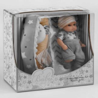 Пупс 220-1 высота 20 см, комбинезон, шапочка, носочки, полотенце, матрасик с подушечкой, в коробке